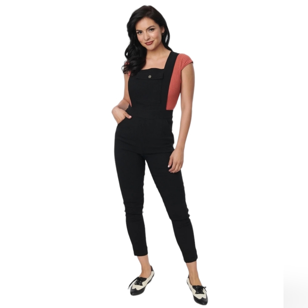 Unique Vintage Black Skinny Leg Overalls